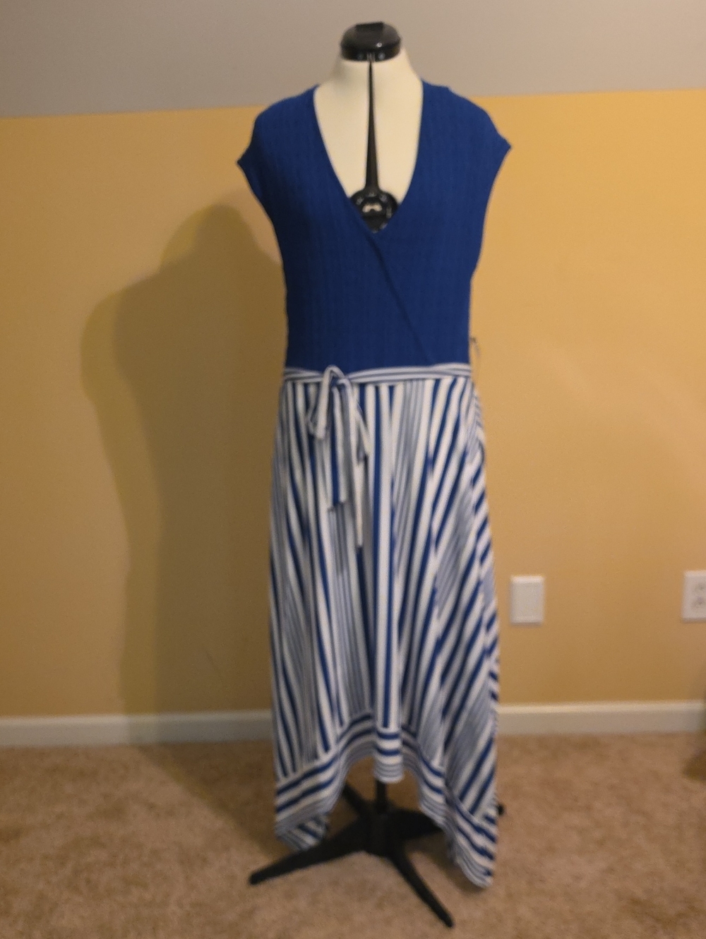 Blue Wrap-Style Knit Top with Striped Skirt Maxi Dress
